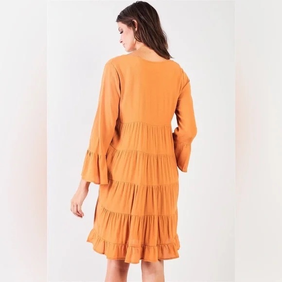 ❄️ Very J | Boho Mustard V-Neck 3/4 Flare Sleeve Dress Fall Vibes - Picture 2 of 3